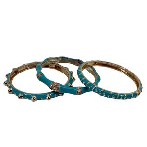Sequin Gold Plated Turquoise Enamel Hinged Y2K Bangle Bohemian Bracelet Set of 3
